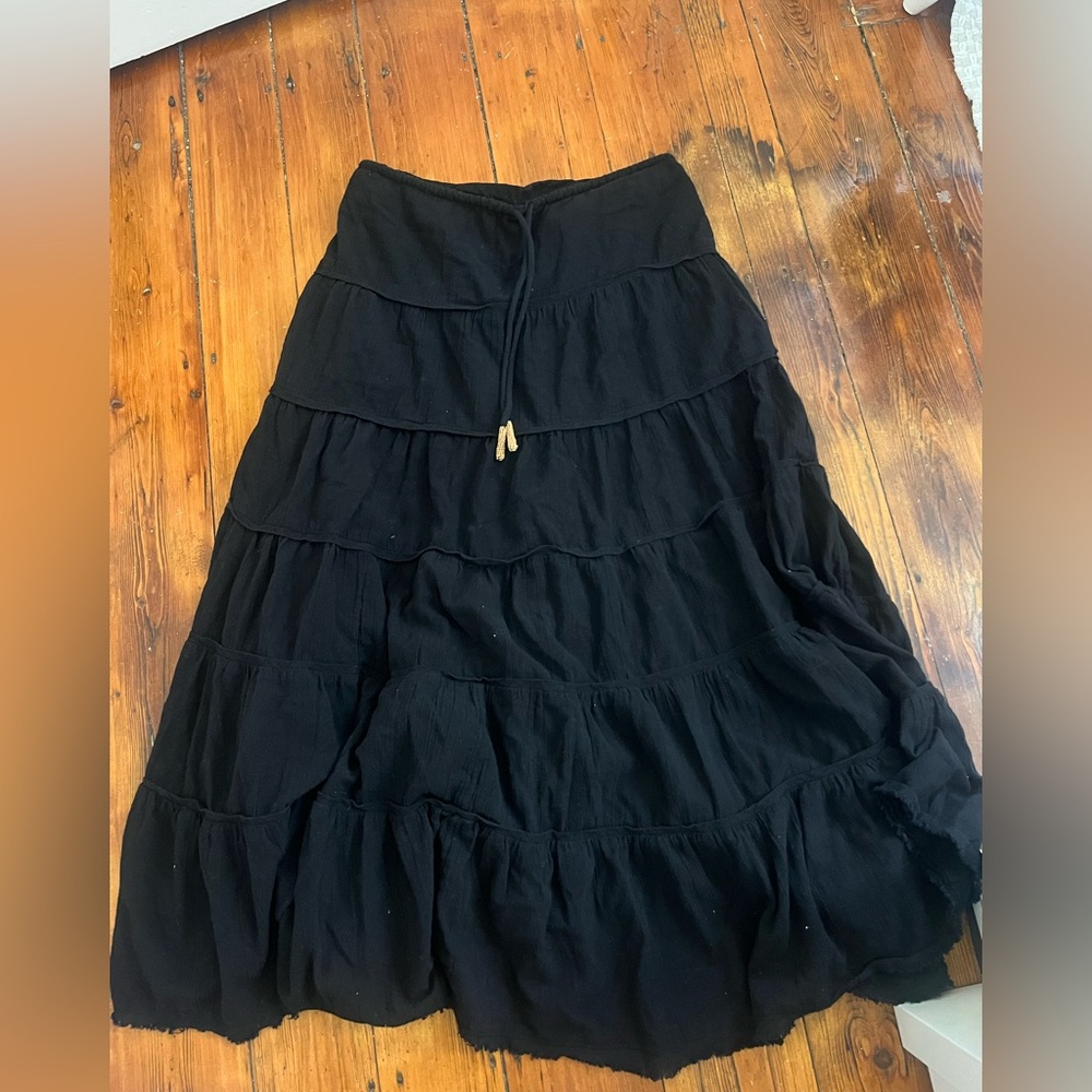 Free People Black Tiered Maxi Skirt with Drawstring Waist